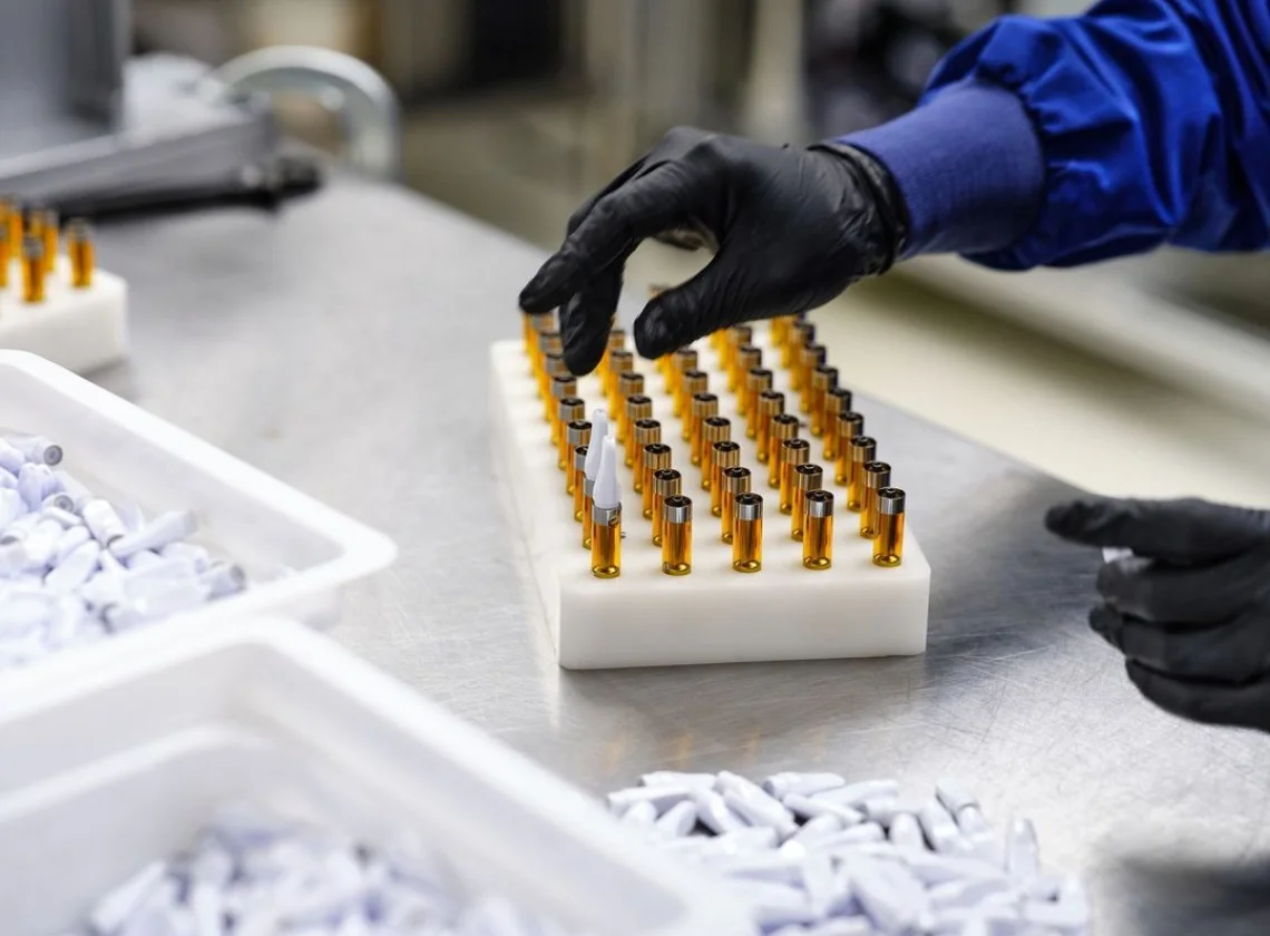 A worker wearing black gloves and a blue lab coat assembles cannabis vape cartridges in a clean, controlled environment. The cartridges are filled with golden cannabis oil and neatly arranged in a white tray. The worker is carefully capping a cartridge while trays of additional components, including white mouthpieces, are visible in the foreground. 